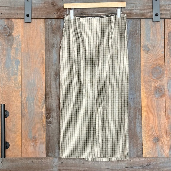 Zara Houndstooth Side Button Midi Skirt Brown Black Plaid Womens Medium - Picture 3 of 11